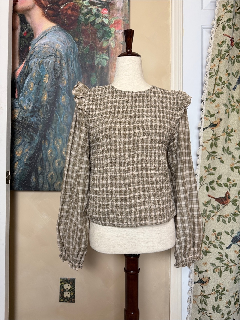 Primark Cottagecore/ Prairiecore Plaid Ruffle Shoulder Long-Sleeve Top - Taupe